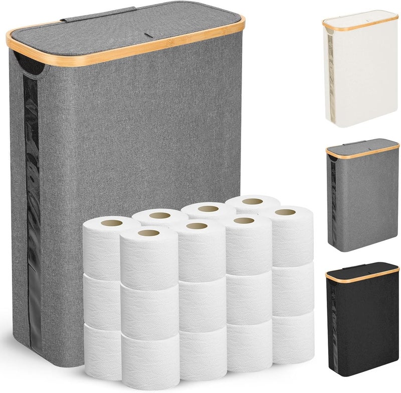 Odonata Large Toilet Paper Storage Basket with Lid, Slim Toilet Paper Organizer, Hold up to 20 Regular Rolls or 15 Mega Rolls. (Grey, 49L) - Image 1